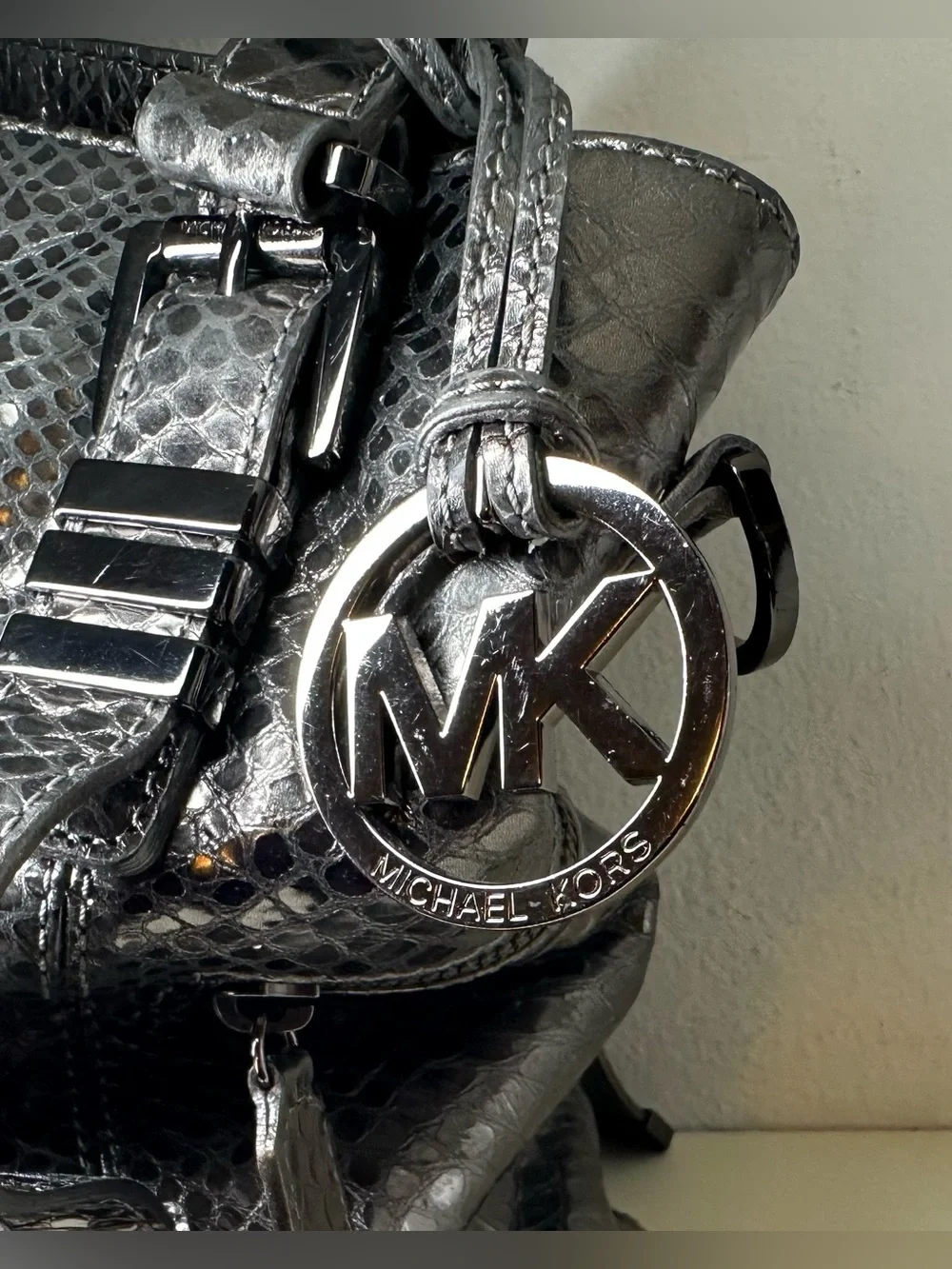 Michael Kors Glossy Black Snake-Embossed Shoulder Bag